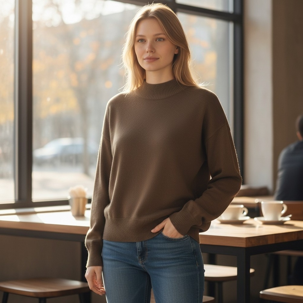 I AM STUDIO Mock Neck Sweater Women S Brown Merino Wool Blend Drop Shoulder